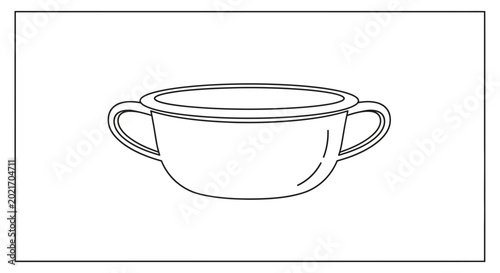 Simple line drawing of a bowl with two handles, isolated on a white background.