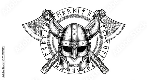 Photos Viking helmet with horns and axes.
