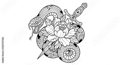 Photos Snake wrapped around dagger and flower.