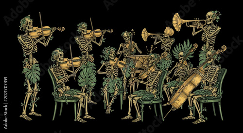 Tableau sur toile Skeletons playing musical instruments together.