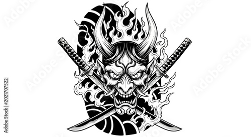 Quadro su tela Samurai warrior mask with crossed swords.