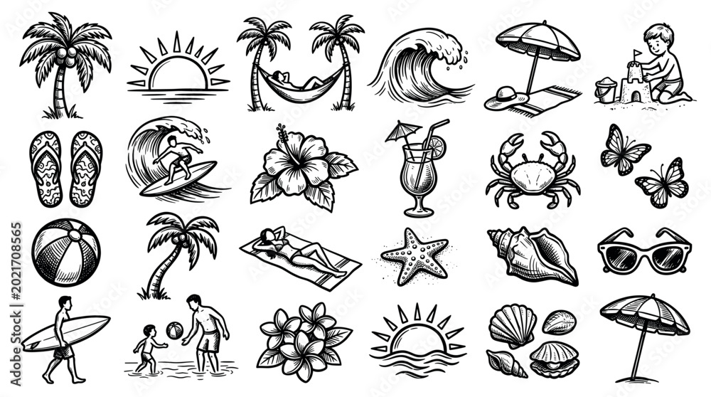 Fototapeta premium Summer beach vacation elements with palm trees, sun, waves, surfer, umbrella, and seashells hand-drawn icon set