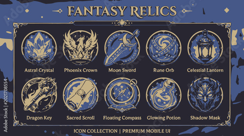 Fotografi Fantasy relic icon set with mystical symbols and golden designs on dark blue bac