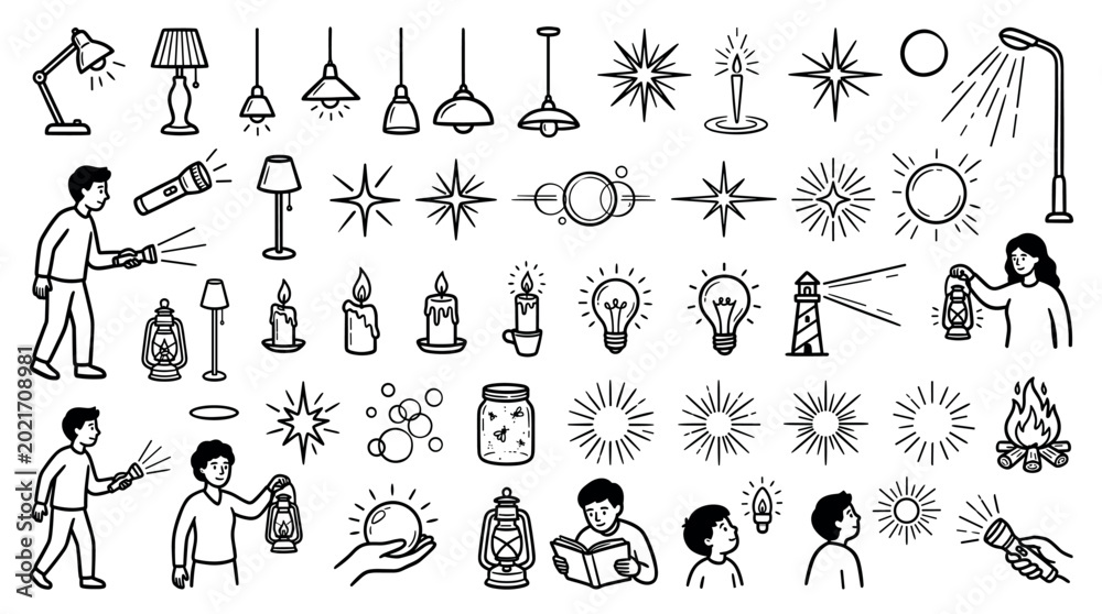 Obraz premium Lighting and illumination equipment with lamps, candles, lightbulbs, and people holding flashlights in a hand-drawn doodle icon set