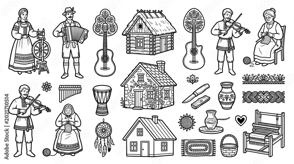 Fototapeta premium Traditional folk culture and village life icons featuring people in national costumes, musical instruments, houses, and crafts, vector illustration for cultural heritage designs
