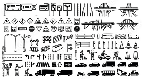 Road construction and traffic management icon set featuring various signs, barriers, vehicles, and workers for urban planning and safety graphics