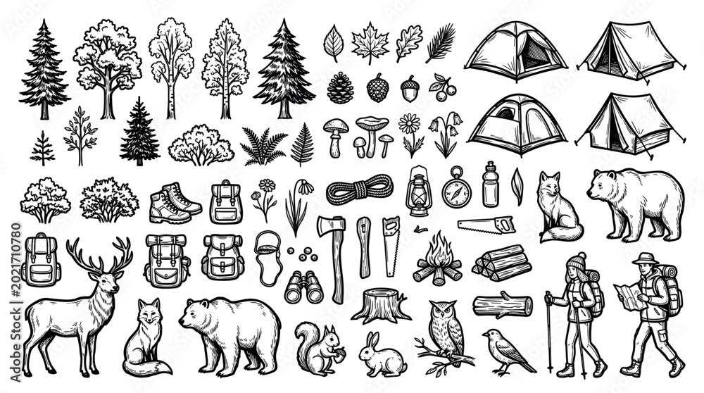 Fototapeta premium Outdoor camping adventure and hiking equipment with forest animals and trees in a hand-drawn line art style vector illustration for wilderness exploration graphics and nature-themed designs