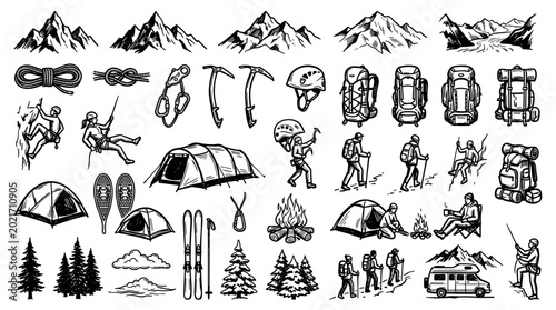 Outdoor adventure and mountain climbing equipment with hikers, tents, backpacks, and campfire in a hand-drawn doodle style vector illustration for travel and camping graphics