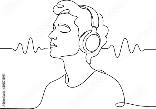 Continuous line drawing Continuous line drawing, minimalist person wearing headphones, music lover, audio waveform