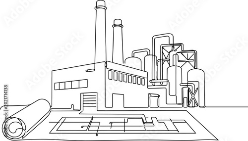 Continuous line drawing Industrial factory, manufacturing plant, industrial complex, blueprint