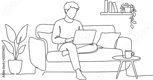Continuous line drawing Minimalist line drawing, man on sofa with laptop, coffee table, plant, modern home interior, simple illustration