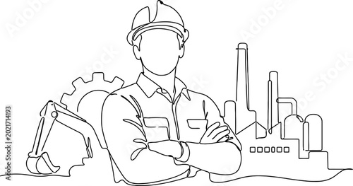 Continuous line drawing Construction worker, industrial engineer, factory background, laborer icon