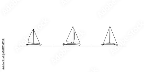 Foto Three sailboats sailing on a calm sea, simple line art illustration Vector, illu