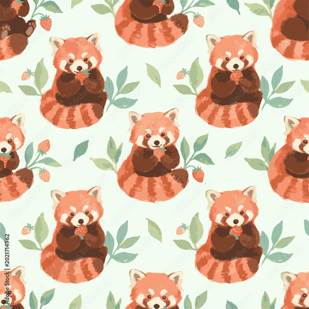 Obraz premium Red Pandas Eating Strawberries Pattern