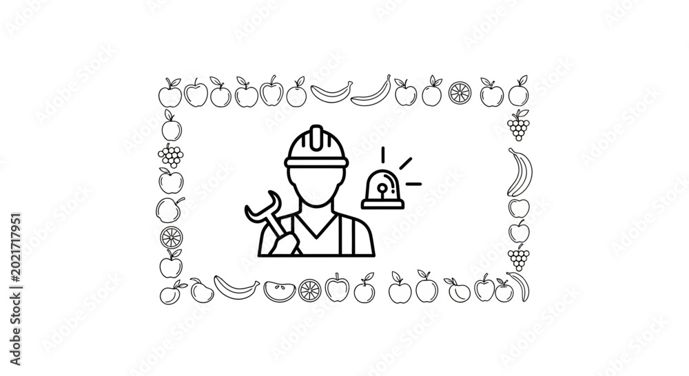 Fototapeta premium Construction worker with wrench and warning light icon, framed by fruits
