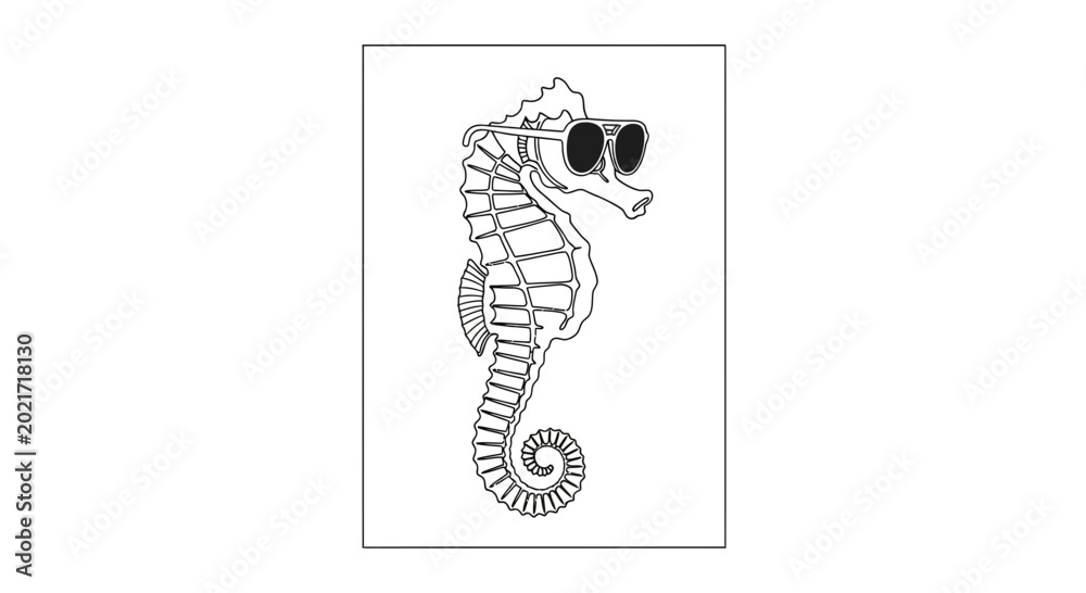 Fototapeta premium Cool Seahorse Wearing Sunglasses, Cartoon Style, Black and White Line Art