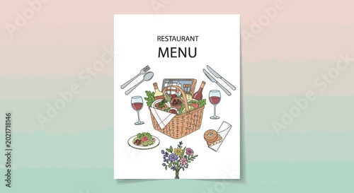 Restaurant menu cover featuring picnic basket and food illustration