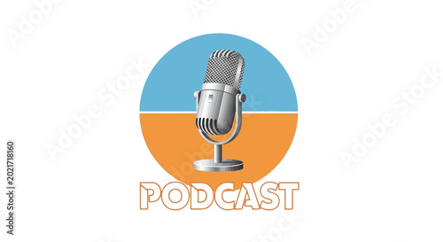 Retro microphone icon with podcast text on white background