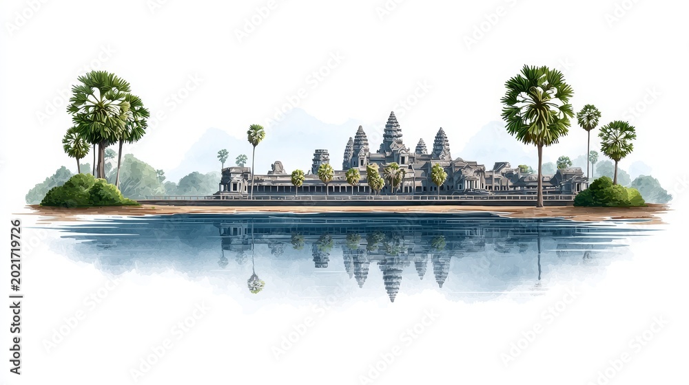 Fototapeta premium Angkor wat temple reflection siem reap digital art tranquil landscape aerial view cultural heritage