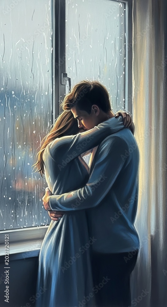 Obraz premium Soft pastel drawing of a gentle embrace by a window while rain falls outside. Dreamy atmosphere with muted colors and delicate textures, dreamy, mood, soft