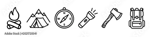 Camping And Outdoor Adventure Vector Icon Set Featuring Campfire Tent Compass Flashlight Axe And Backpack Symbols Modern Hiking Travel Collection