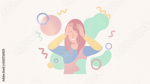 A flat vector illustration of a woman holding her head in distress, representing themes of anxiety, mental health struggles, stress, and being overwhelmed by chaotic thoughts or a migraine