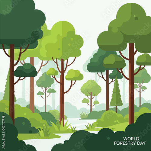 Konstfotografi A cartoon forest scene with trees and bushes on World Forestry Day