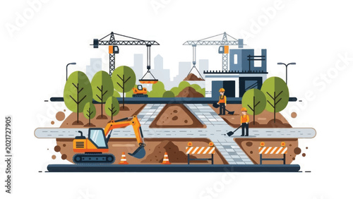 Urban Infrastructure Construction Cross-Section Illustration. Civil Engineering Development Site with Excavator, Cranes, Workers, and Underground Pipes.