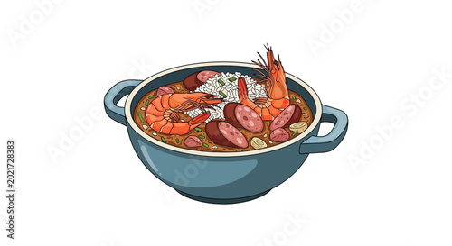 Cajun seafood gumbo with shrimp sausage and rice in blue pot