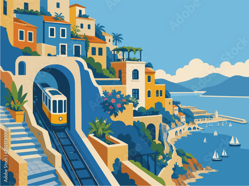 Greek Island Coastal Train Station With Blue Arch White Village Steps And Bright Aegean Sea View