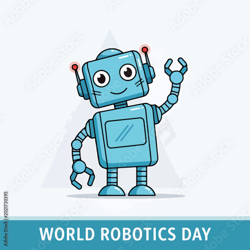 Schilderij op canvas A cartoon robot celebrating World Robotics Day with a cheerful wave