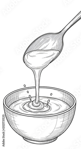 Black and White Illustration of Honey Dripping from Spoon into Bowl