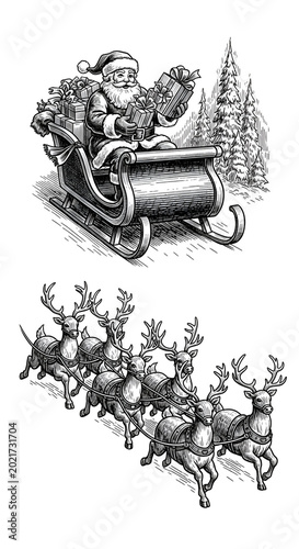 Black and White Illustration of Santa Claus in Sleigh with Reindeer and Christmas Tree