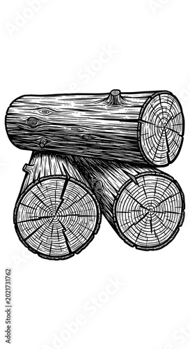 Black and White Illustration Stacked Logs Isolated Transparent Background