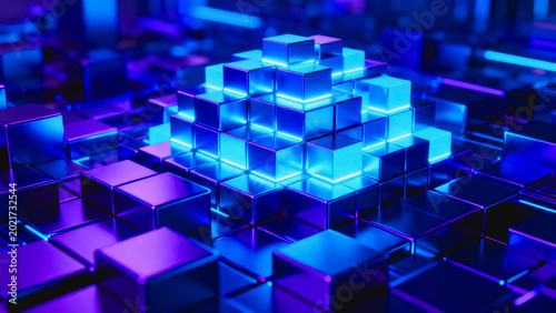 This 3D rendered background features a grid of stacked glowing neon cubes, with vibrant blue and purple lighting creating a futuristic digital tech atmosphere.