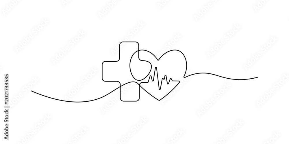Obraz premium Medical Cross and Heart Beat Pulse Continuous Line Art Vector