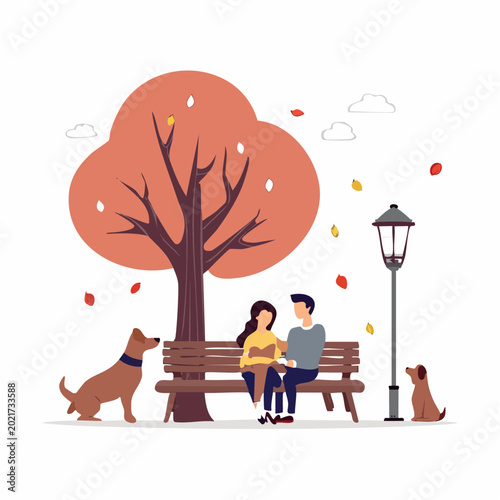 Couple with Dogs Enjoying Autumn Park Scene