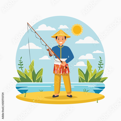 Fisherman in Traditional Attire with Fishing Rod by the Water