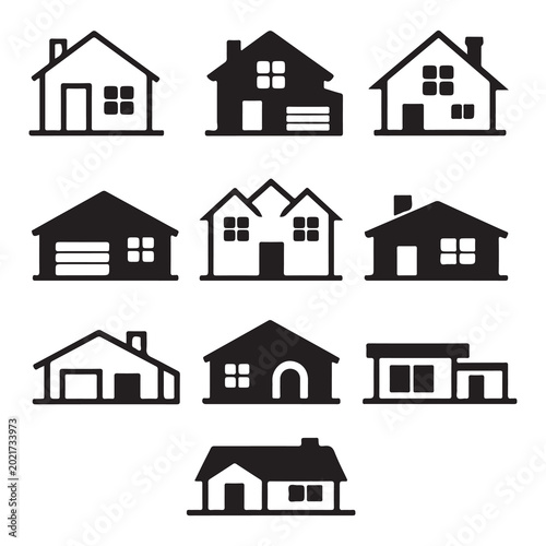 Schilderij op canvas Set of black and white house icons showing different residential building styles