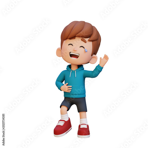 Photos 3D Cartoon Boy laughing loudly with open mouth strong happiness and excitement concept