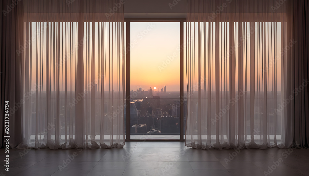 Fototapeta premium Floating Sheer Curtains in Minimalist Penthouse with Sunset Light Gradients