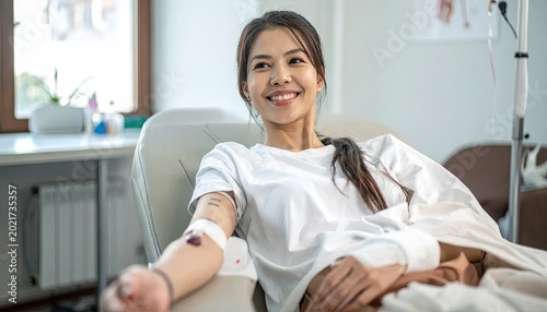 Woman receiving intravenous treatment smiling indoors healthcare medical procedure