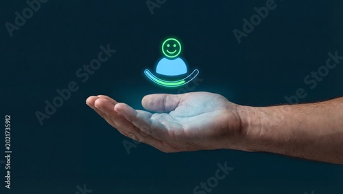 Glowing digital icon of a happy user supported by a helping hand, symbolizing excellent customer service, client satisfaction, and positive user experience