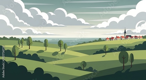 Idyllic European Countryside Landscape with Rolling Hills and Village.