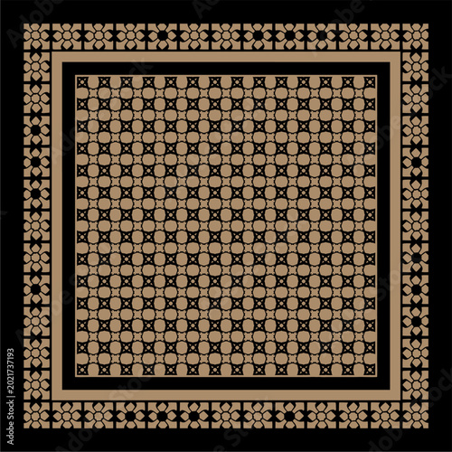 Abstract Luxury Geometric Scarf Design: Elegant Golden Star and Circle Pattern with Ornamental Border on Black Background for Fashion Textile Print