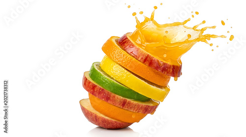 Fresh fruit slices stacked with juice splashing on a white surface