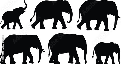 Obraz na plátně Black Elephant Silhouettes Set in Different Poses Vector Illustration for Wildli