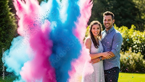 Excited expectant parents celebrate gender reveal with explosion of colorful powder outdoor