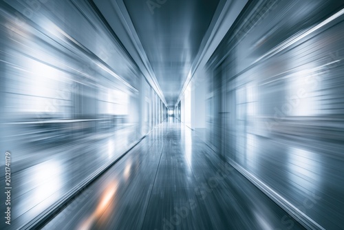 Abstract office corridor with high-speed motion blur and cool blue tones in a modern corporate building for business technology branding