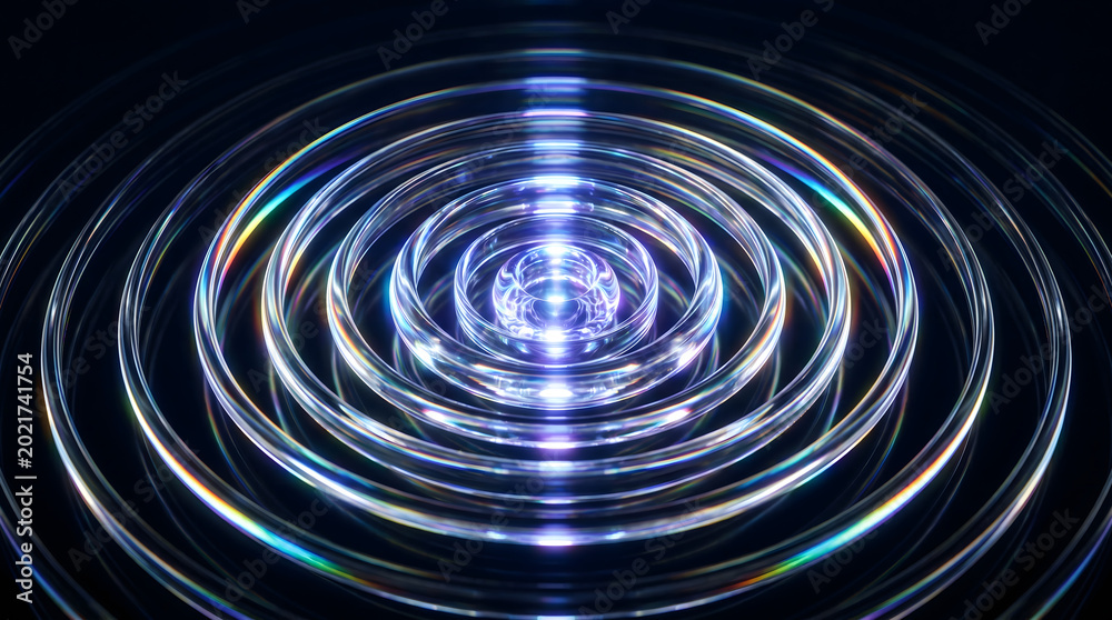 Fototapeta premium Concentric transparent glass rings rippling outward with spectral glow on dark futuristic background